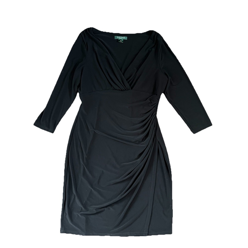 Lauren Ralph Lauren Black Ruched Faux Wrap Stretch Dress Size 14P Midi Cocktail